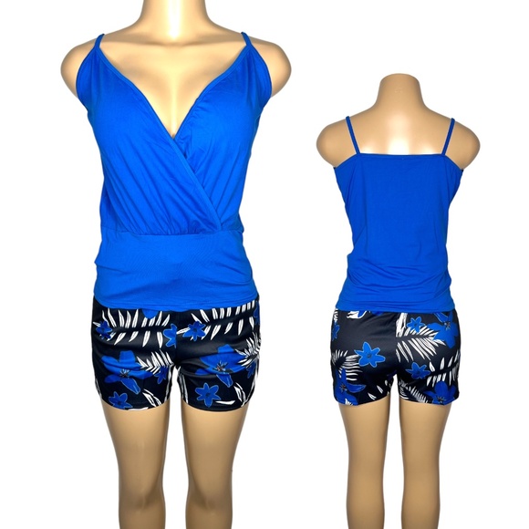 NWT Blue and Black Women Set Size L Stretchy Belt Short and Wrap Sleeveless Top - Picture 1 of 7